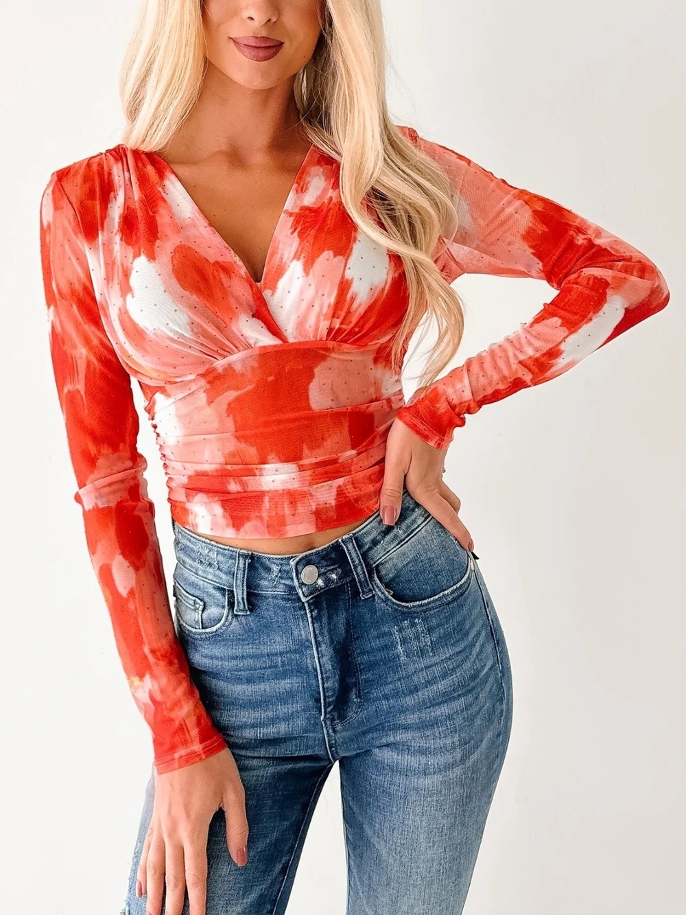 Privy Lethal Looks Rhinestone VNeck TieBack Sheer Lng Sleeve Blouse Orange White - Picture 8 of 15